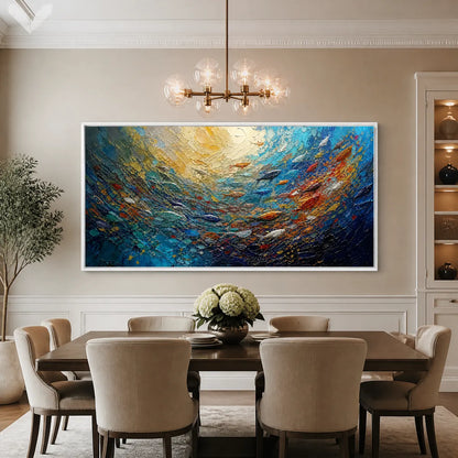Deep Tide hand-painted ocean blue and gold textured ocean wave painting