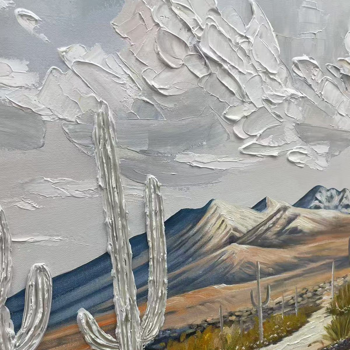 Desert Dream hand-painted terracotta, warm ochre and sand textured desert mountain landscape painting shown with gold frame