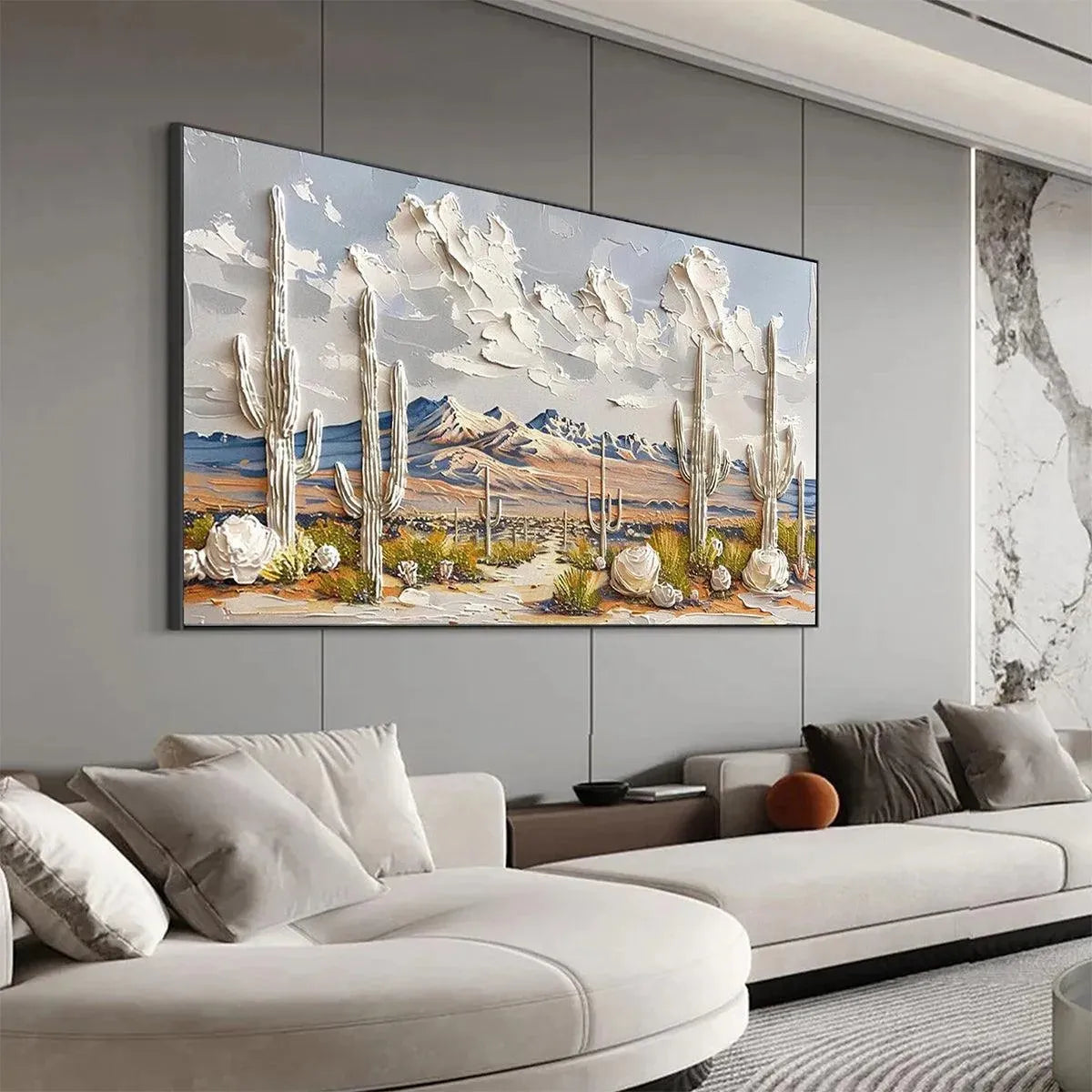 Desert Dream hand-painted terracotta, warm ochre and sand textured desert mountain landscape painting shown with white frame