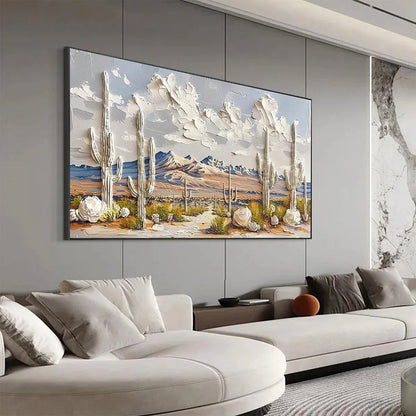 Desert Dream hand-painted terracotta, warm ochre and sand textured desert mountain landscape painting shown with white frame