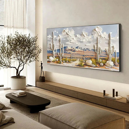 Desert Dream hand-painted terracotta, warm ochre and sand textured desert mountain landscape painting shown with black frame