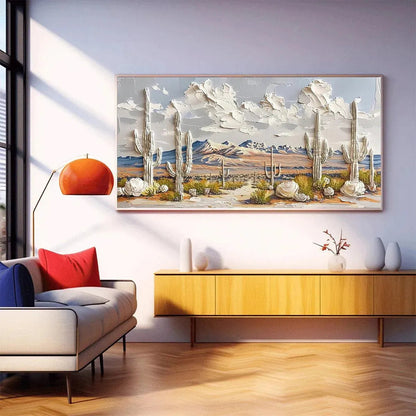 Desert Dream hand-painted terracotta, warm ochre and sand textured desert mountain landscape painting shown with wood frame