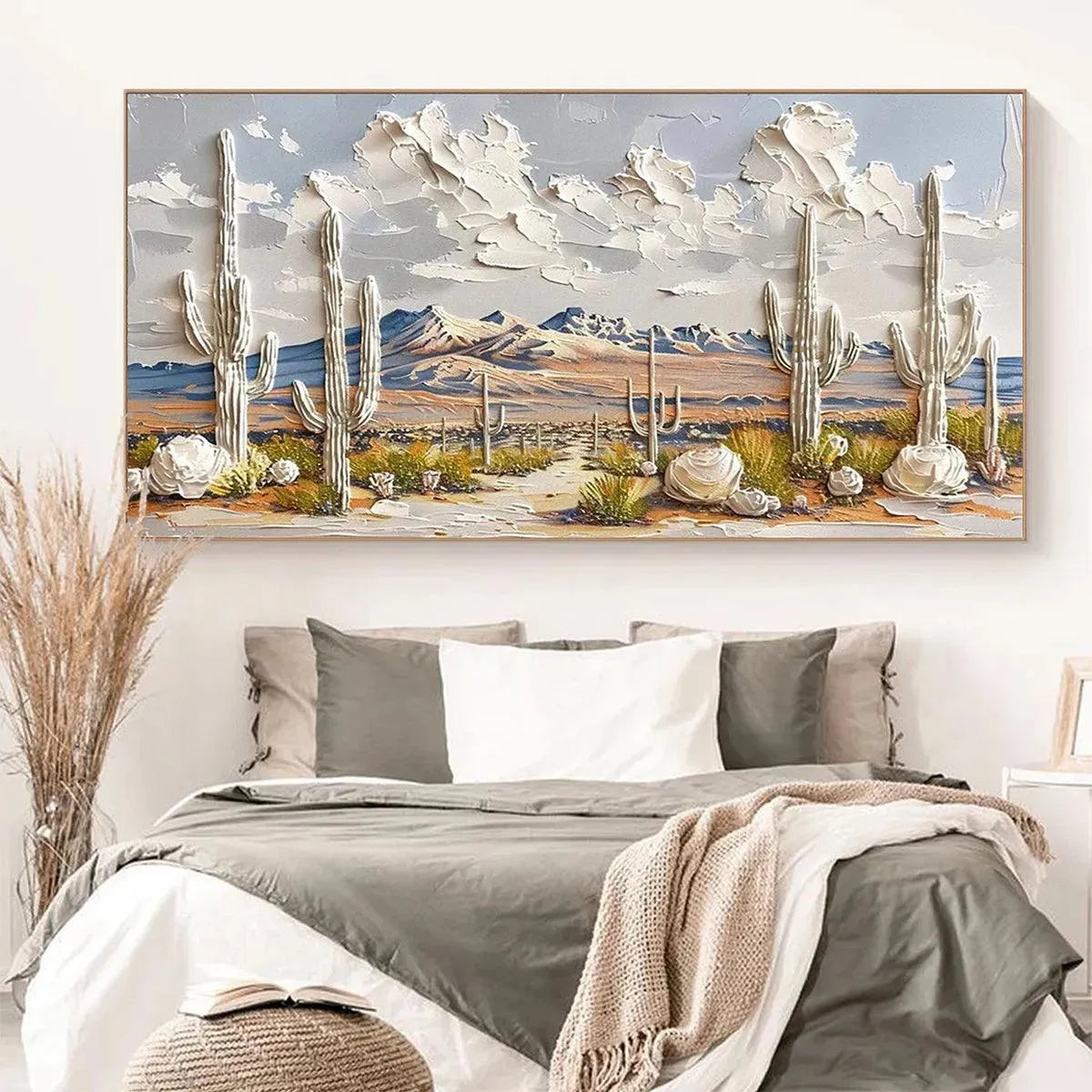 Desert Dream hand-painted terracotta, warm ochre and sand textured desert mountain landscape painting shown as stretched canvas