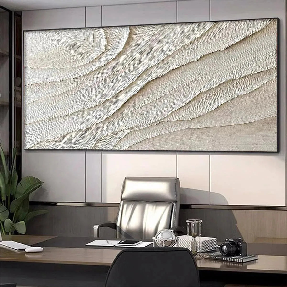 Desert Flow hand-painted beige and ivory textured coastal abstract painting shown with white frame