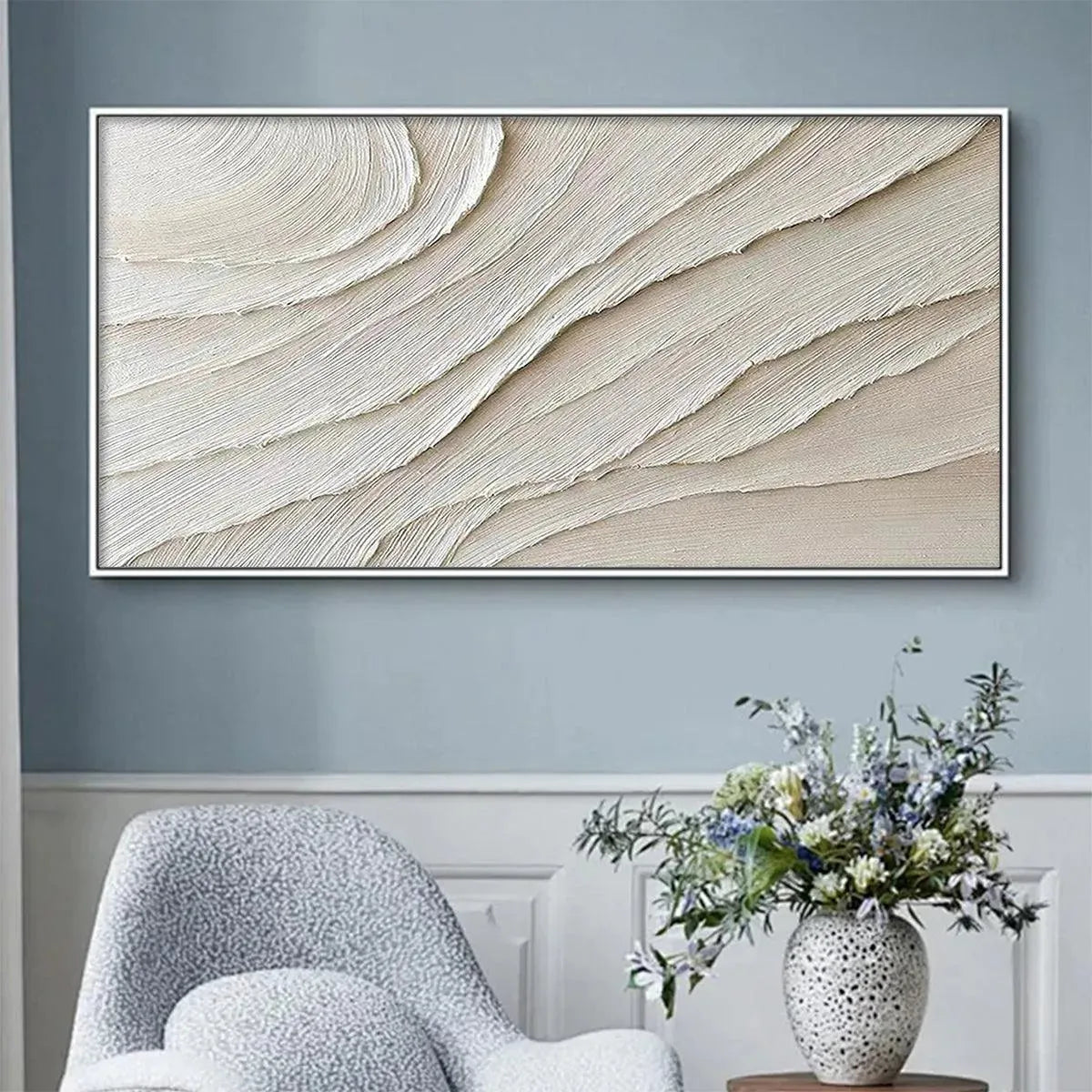 Desert Flow hand-painted beige and ivory textured coastal abstract painting shown as stretched canvas
