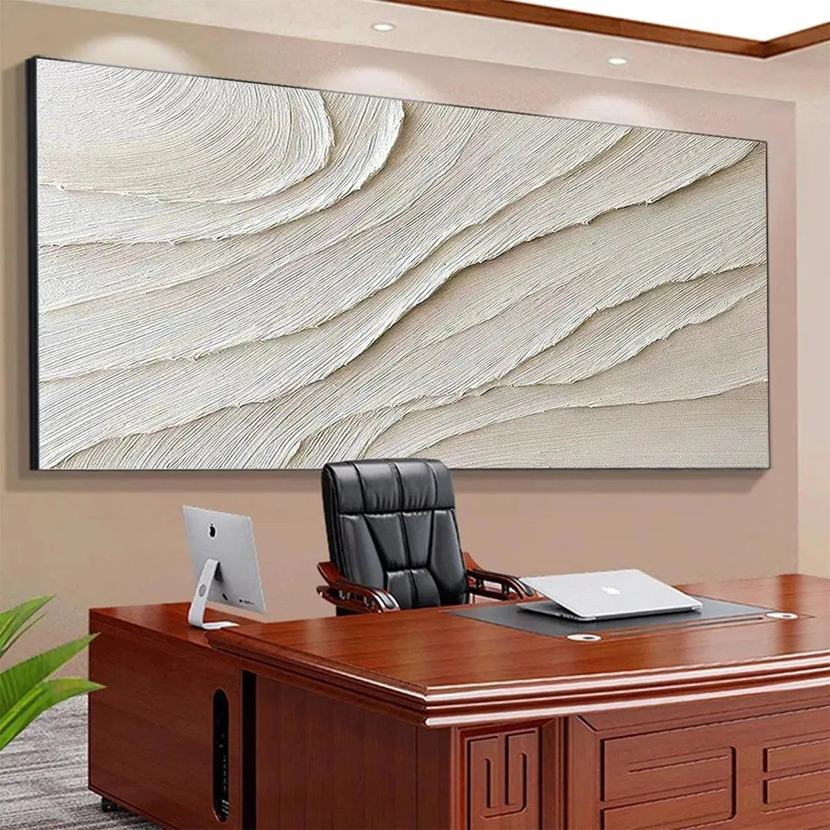 Desert Flow hand-painted beige and ivory textured coastal abstract painting shown with black frame