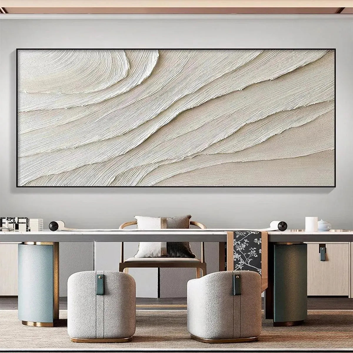 Desert Flow hand-painted beige and ivory textured coastal abstract painting shown as stretched canvas