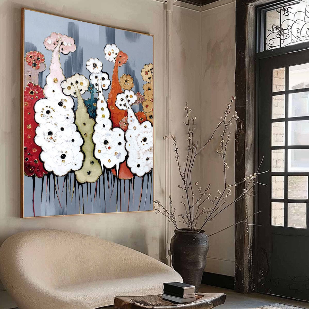 Orange and Gold Abstract Forest Impasto Oil Painting – Dreamwood Grove