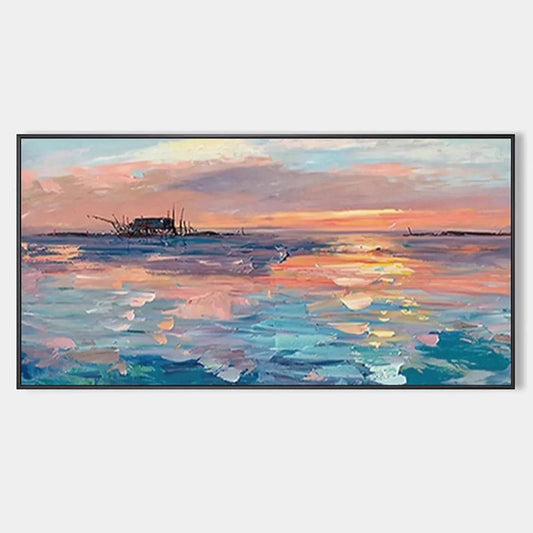 Dusk Reflections hand-painted ocean blue, ivory and soft neutral tones textured sunset seascape painting rolled canvas option