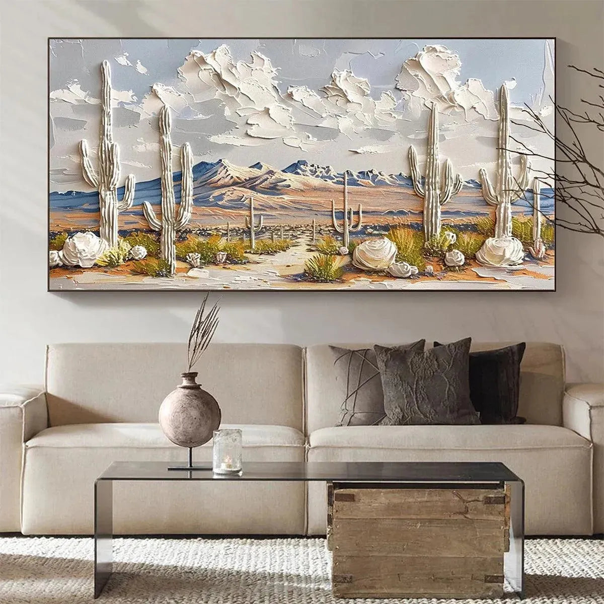 Desert Dream hand-painted terracotta, warm ochre and sand textured desert mountain landscape painting shown as stretched canvas