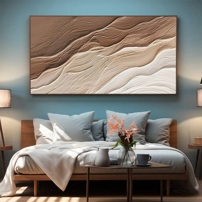 Desert Flow hand-painted beige and earth brown textured coastal landscape painting shown as stretched canvas