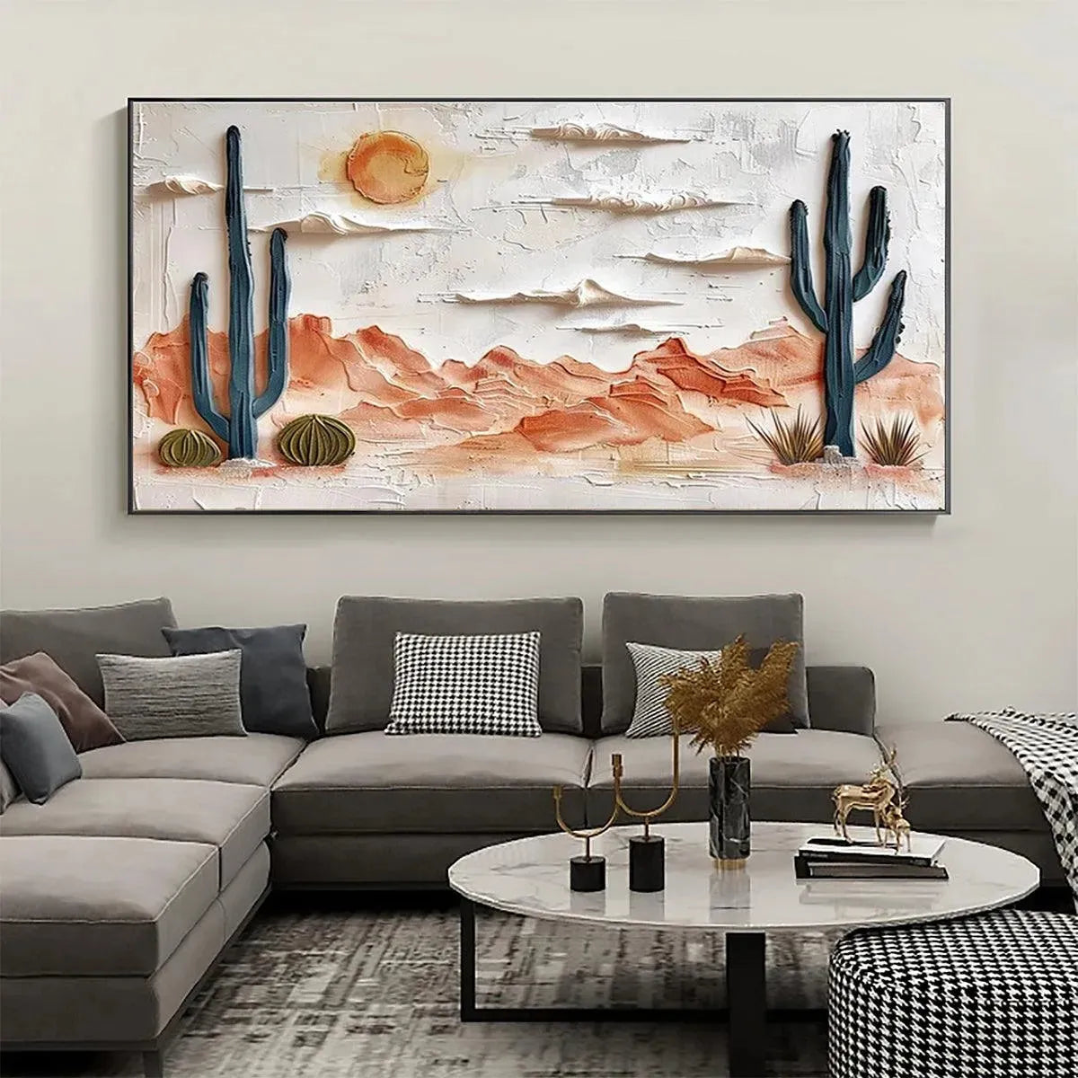 Desert Sunrise hand-painted terracotta, warm ochre and sand textured desert mountain landscape painting shown as stretched canvas