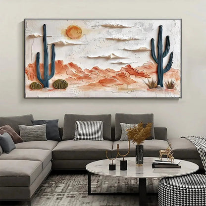 Desert Sunrise hand-painted terracotta, warm ochre and sand textured desert mountain landscape painting shown as stretched canvas