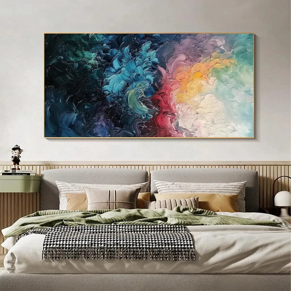 Dusk Whispers hand-painted ocean blue, ivory and soft neutral tones textured sunset seascape painting shown as stretched canvas