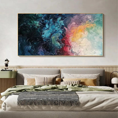 Dusk Whispers hand-painted ocean blue, ivory and soft neutral tones textured sunset seascape painting shown as stretched canvas
