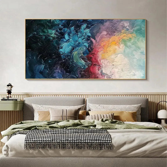 Dusk Whispers hand-painted ocean blue, ivory and soft neutral tones textured sunset seascape painting shown as stretched canvas