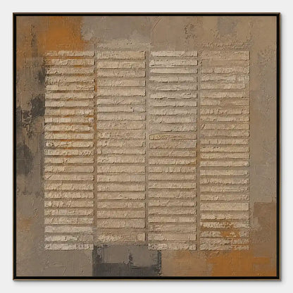Earthen Grid – Wabi-Sabi Neutral Abstract Oil Painting, view 1