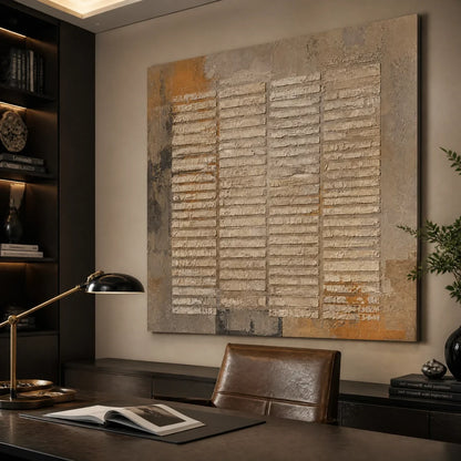 Brown Wabi-Sabi Neutral Abstract Oil Painting – Earthen Grid