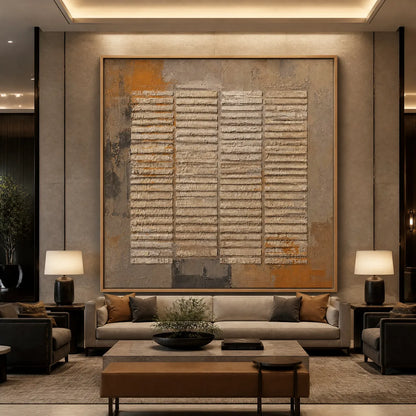 Brown Wabi-Sabi Neutral Abstract Oil Painting – Earthen Grid