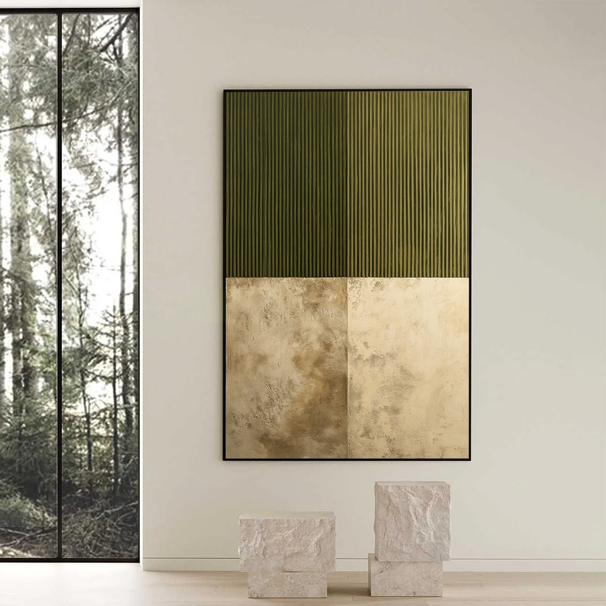 Olive Green Wabi-Sabi Landscape Textured Oil Painting – Earthen Rhythm