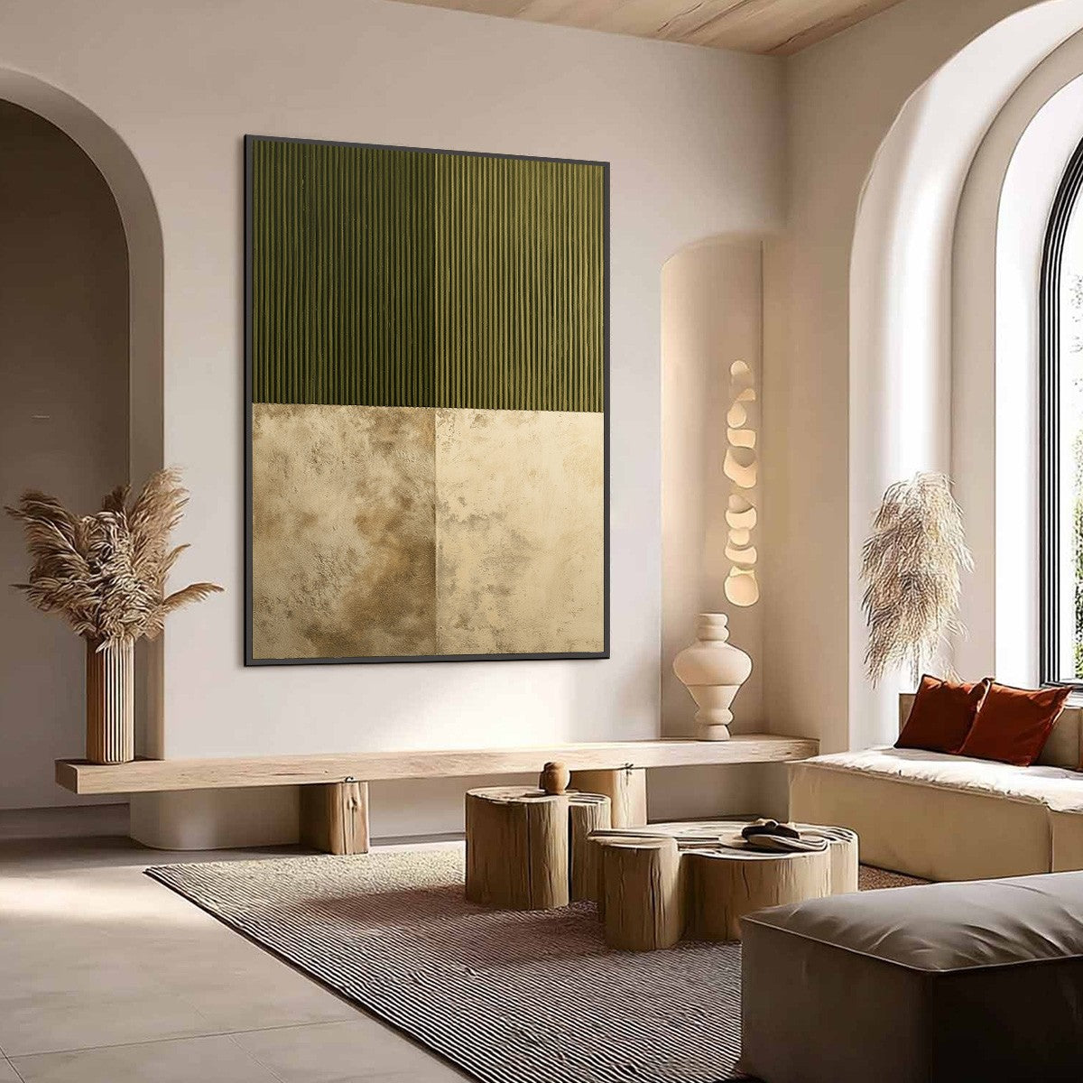 Olive Green Wabi-Sabi Landscape Textured Oil Painting – Earthen Rhythm