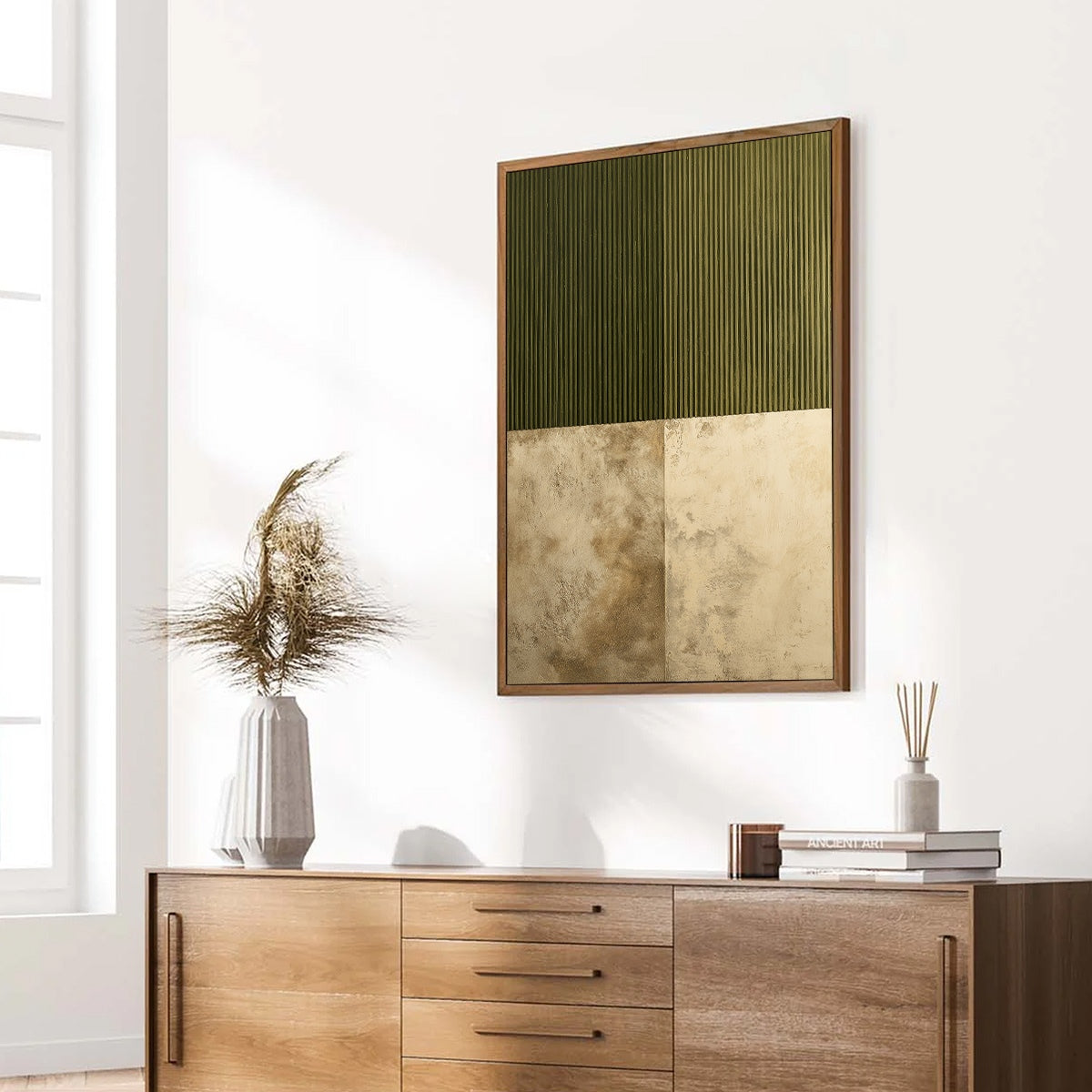 Olive Green Wabi-Sabi Landscape Textured Oil Painting – Earthen Rhythm