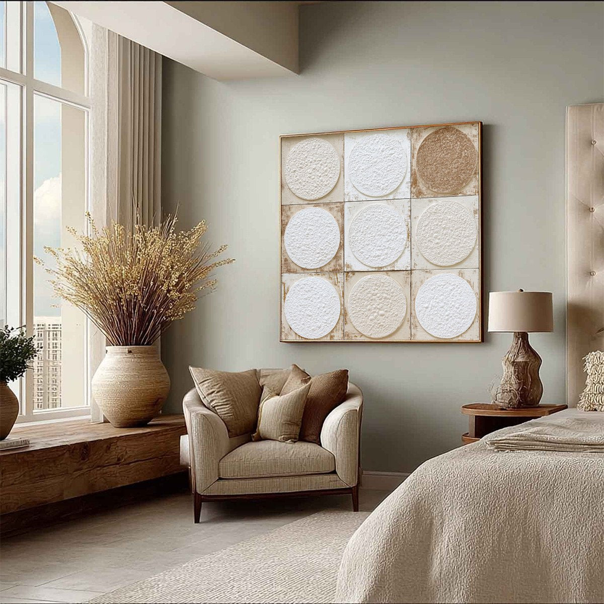 White and Beige Wabi-Sabi Celestial Textured Oil Painting – Earthen Rhythm