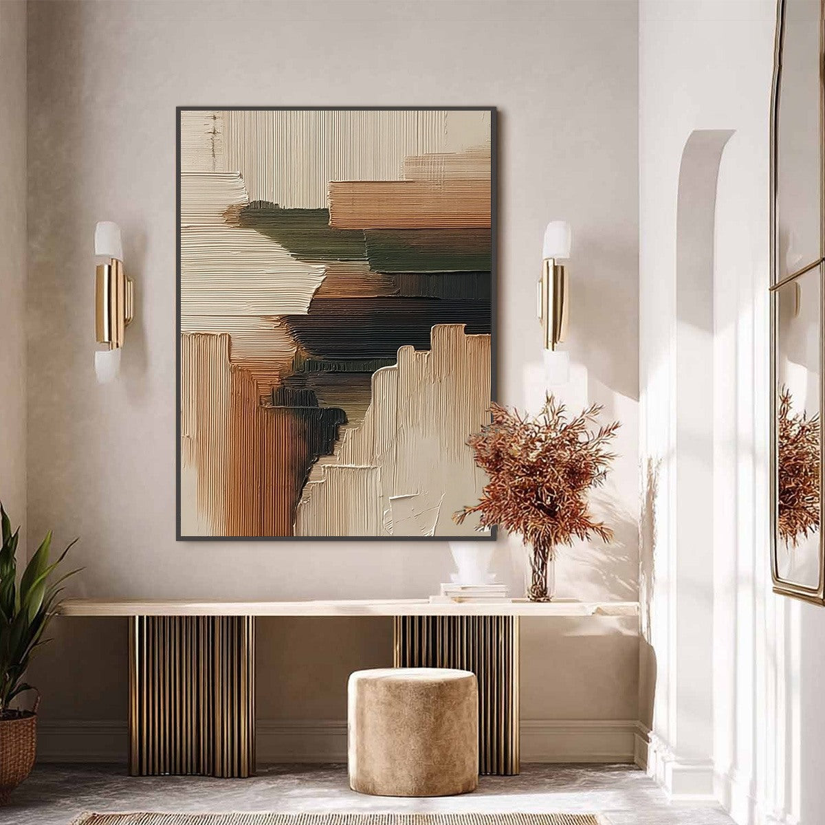 Green and Beige Wabi-Sabi Forest Textured Oil Painting – Earthen Strata