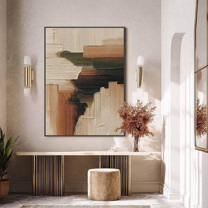 Green and Beige Wabi-Sabi Forest Textured Oil Painting – Earthen Strata