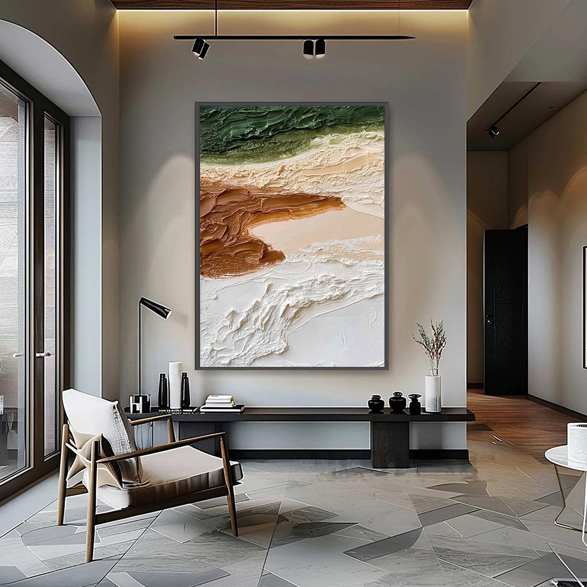 Earthen Strata hand-painted ocean blue, ivory and soft neutral tones textured coastal landscape painting shown with silver frame