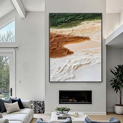 Earthen Strata hand-painted ocean blue, ivory and soft neutral tones textured coastal landscape painting shown with black frame