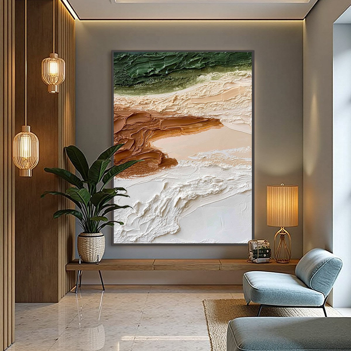 Earthen Strata hand-painted ocean blue, ivory and soft neutral tones textured coastal landscape painting shown as stretched canvas