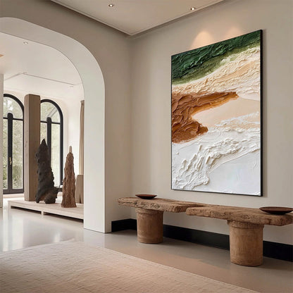 Earthen Strata hand-painted ocean blue, ivory and soft neutral tones textured coastal landscape painting shown with wood frame