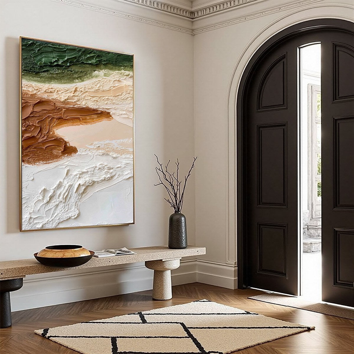 Earthen Strata hand-painted ocean blue, ivory and soft neutral tones textured coastal landscape painting rolled canvas option