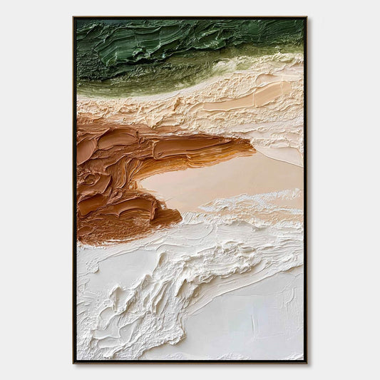 Earthen Strata hand-painted ocean blue, ivory and soft neutral tones textured coastal landscape painting rolled canvas option