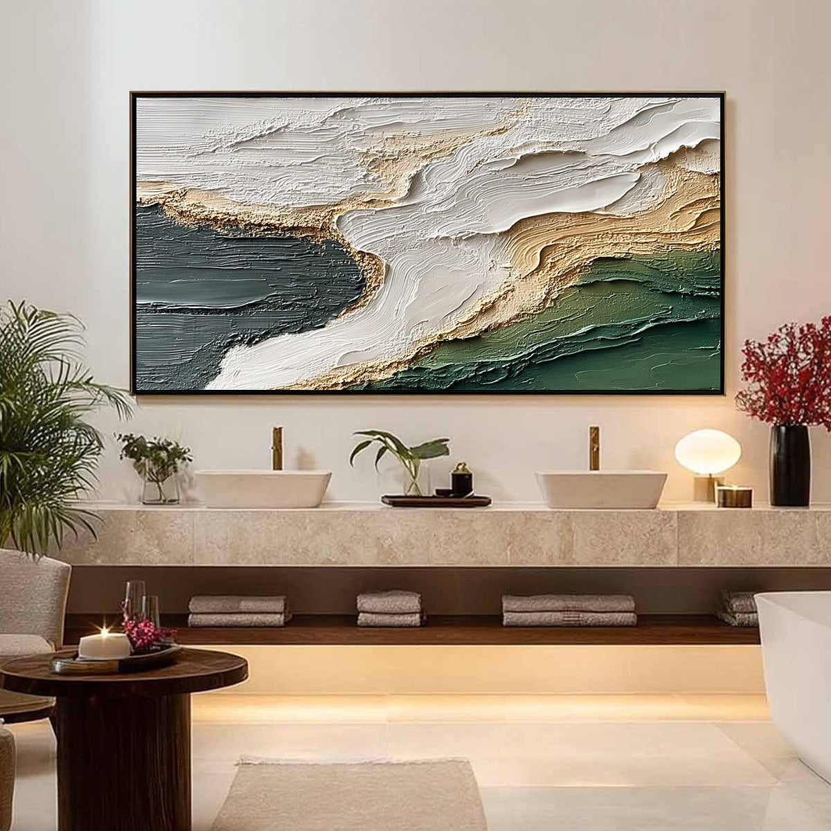 Earthen Tide hand-painted ocean blue, ivory and soft neutral tones textured ocean wave painting shown with silver frame