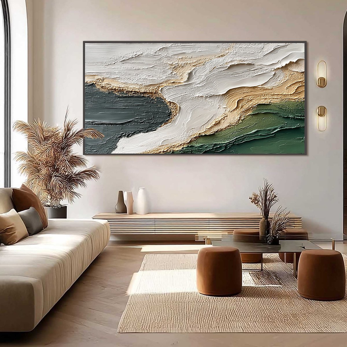 Earthen Tide hand-painted ocean blue, ivory and soft neutral tones textured ocean wave painting shown with black frame