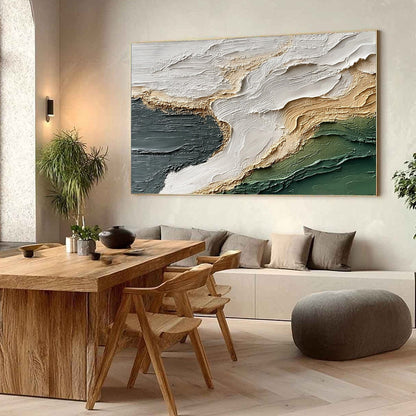 Earthen Tide hand-painted ocean blue, ivory and soft neutral tones textured ocean wave painting shown with wood frame