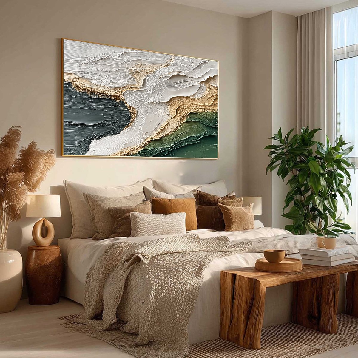 Earthen Tide hand-painted ocean blue, ivory and soft neutral tones textured ocean wave painting rolled canvas option