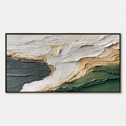 Earthen Tide hand-painted ocean blue, ivory and soft neutral tones textured ocean wave painting rolled canvas option