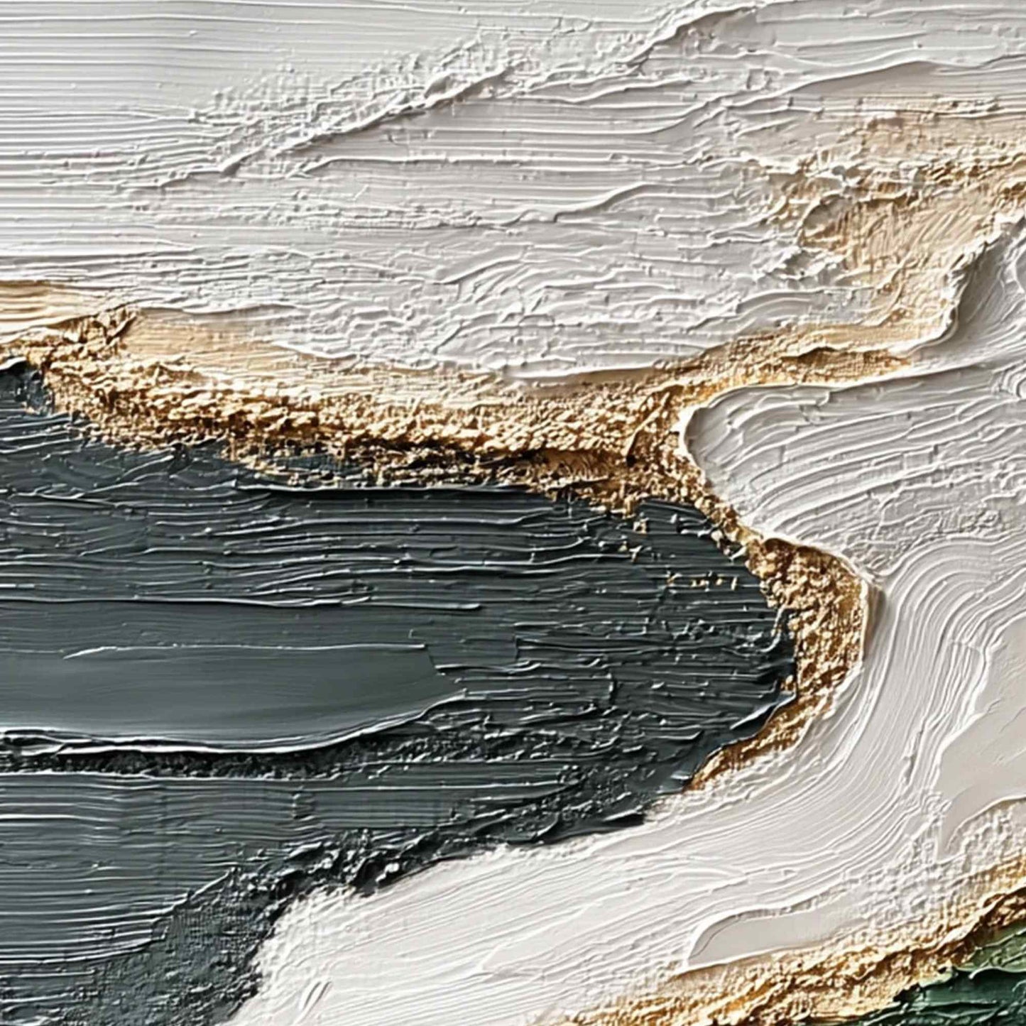 Earthen Tide hand-painted ocean blue, ivory and soft neutral tones textured ocean wave painting shown with gold frame