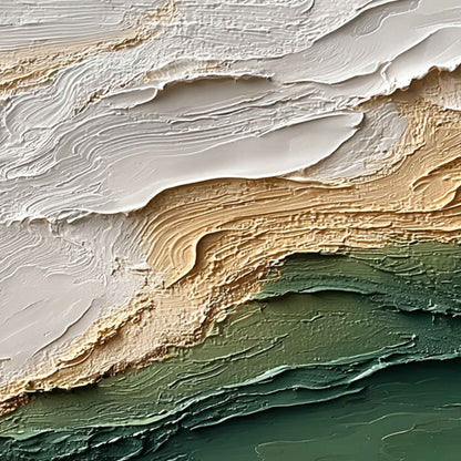 Earthen Tide hand-painted ocean blue, ivory and soft neutral tones textured ocean wave painting shown with white frame