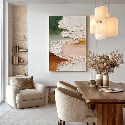 Earthen Veil hand-painted blush pink and terracotta textured coastal landscape painting shown with silver frame