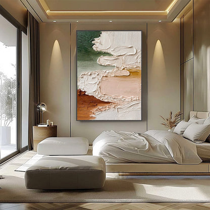 Earthen Veil hand-painted blush pink and terracotta textured coastal landscape painting shown with black frame