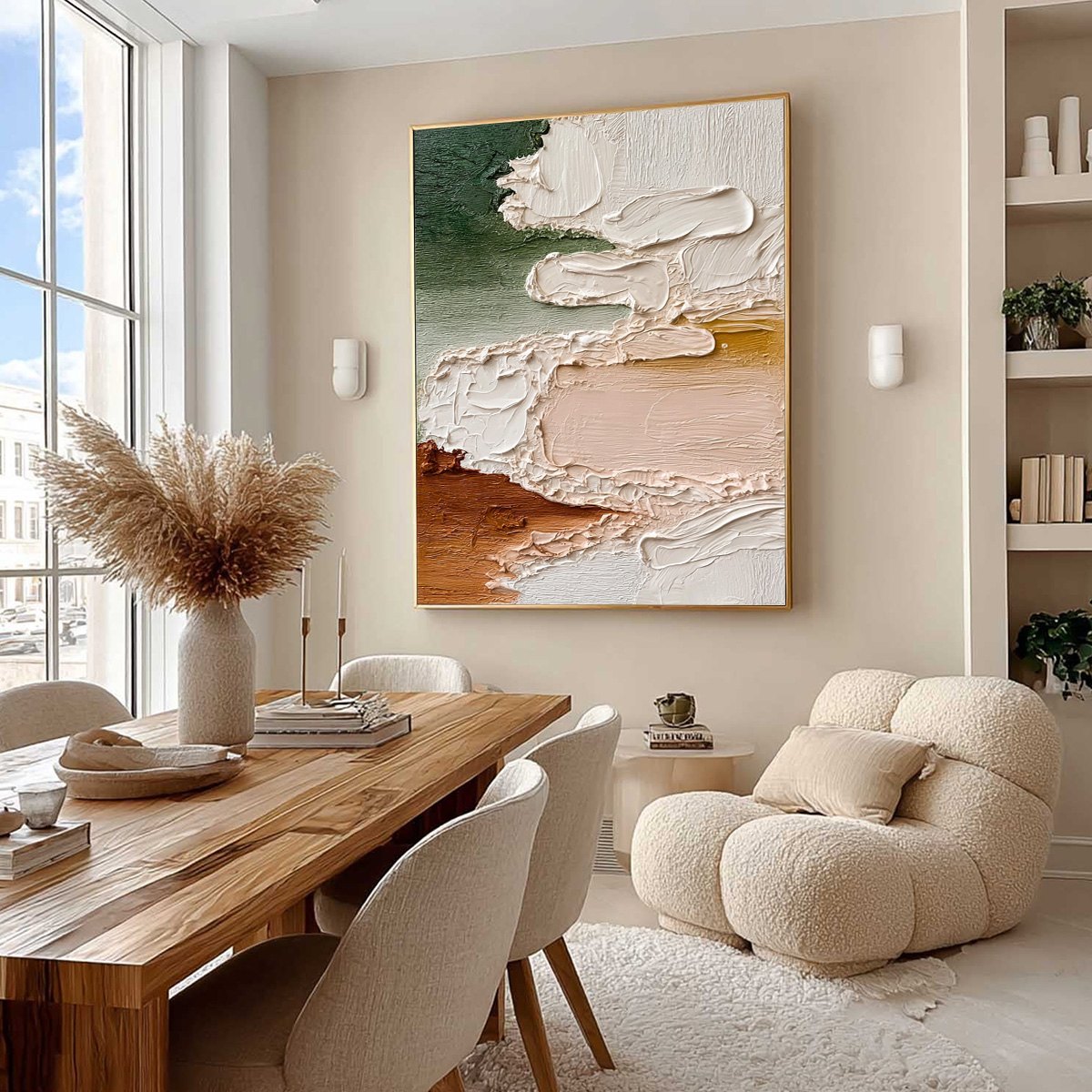 Earthen Veil hand-painted blush pink and terracotta textured coastal landscape painting shown with wood frame
