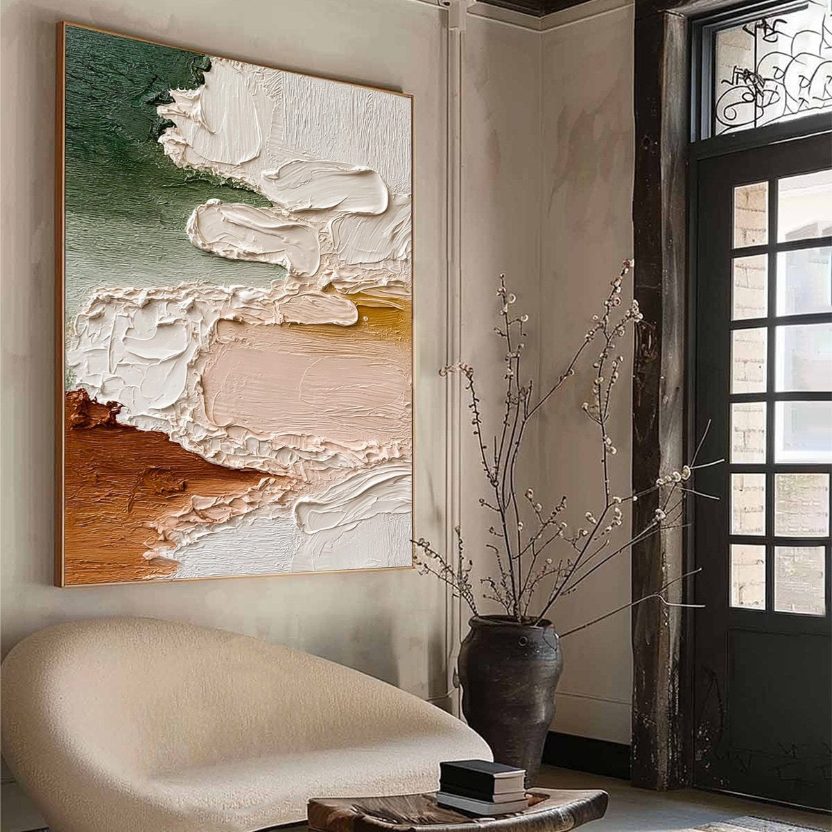 Earthen Veil hand-painted blush pink and terracotta textured coastal landscape painting rolled canvas option