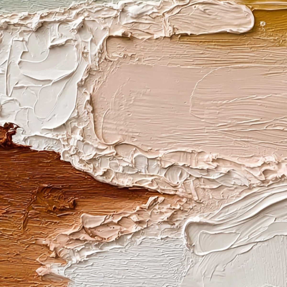 Earthen Veil hand-painted blush pink and terracotta textured coastal landscape painting shown with gold frame