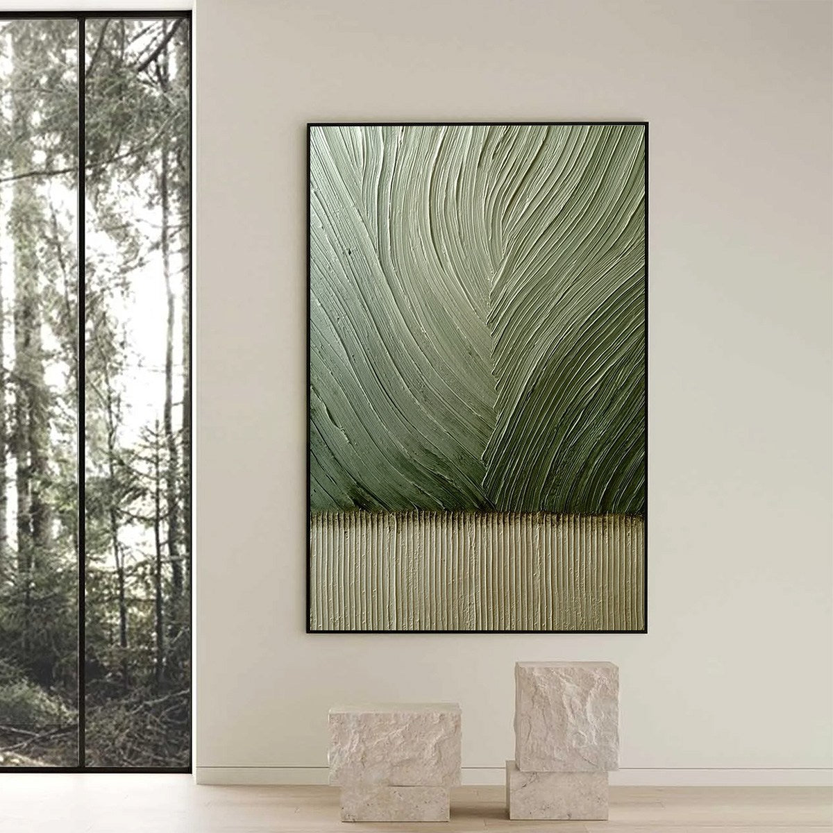 Green and Beige Wabi-Sabi Botanical Textured Oil Painting – Earthen Weave