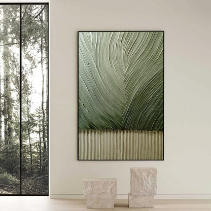 Green and Beige Wabi-Sabi Botanical Textured Oil Painting – Earthen Weave