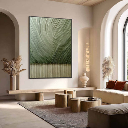 Green and Beige Wabi-Sabi Botanical Textured Oil Painting – Earthen Weave